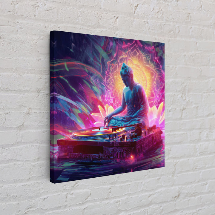 Meditative Buddha DJ Neon Wall Art Canvas Print, Psychedelic Spiritual Music Poster For Gaming Room And Modern Decor