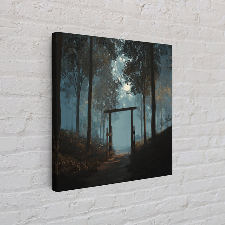 Moody Forest Gate Landscape Wall Art, Misty Woodland Path Canvas Print, Calming Nature Painting For Rustic Home Or Bedroom Decor