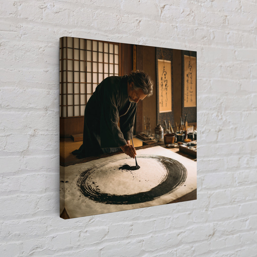 Japanese Calligrapher Painting Zen Enso Circle Wall Art, Serene Asian Ink Canvas Print For Mindful Home Decor