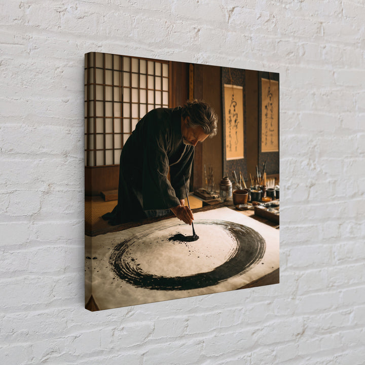 Japanese Calligrapher Painting Zen Enso Circle Wall Art, Serene Asian Ink Canvas Print For Mindful Home Decor