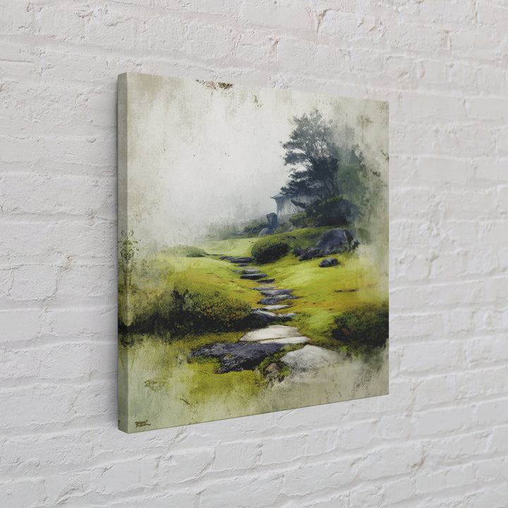 Misty Stone Path Garden Landscape Wall Art, Serene Zen Canvas Print, Wabi Sabi Nature Home Decor, Calming Wall Art