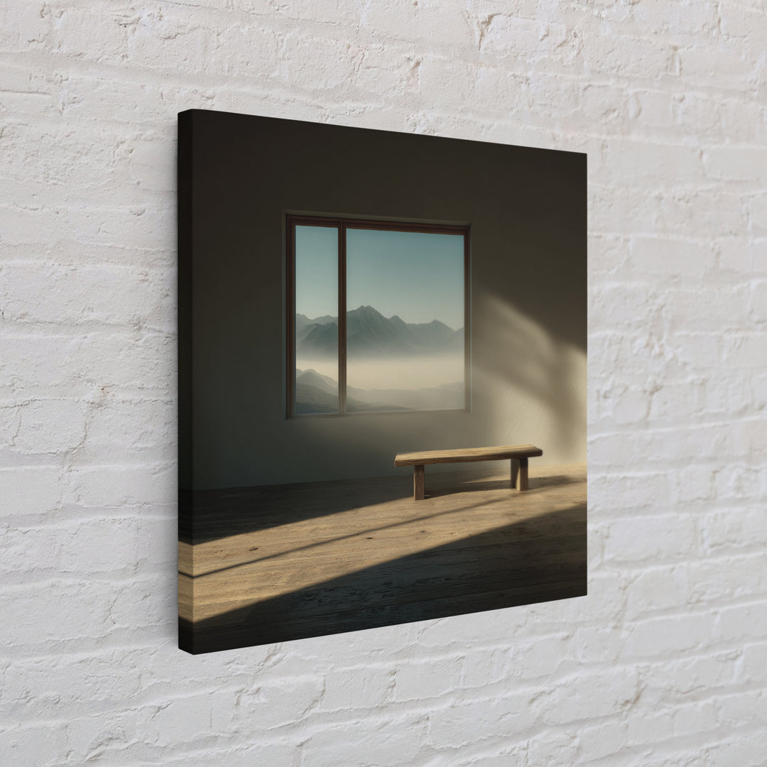 Minimalist Japandi Interior Wall Art, Sunlit Bench And Mountain View Framed Canvas Print, Neutral Zen Home Decor