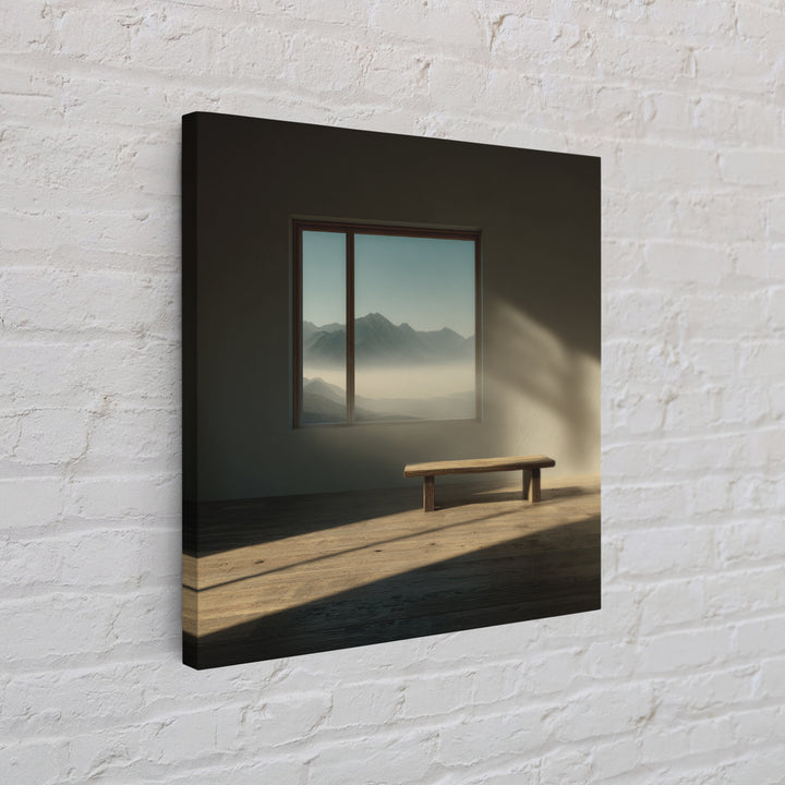 Minimalist Japandi Interior Wall Art, Sunlit Bench And Mountain View Framed Canvas Print, Neutral Zen Home Decor