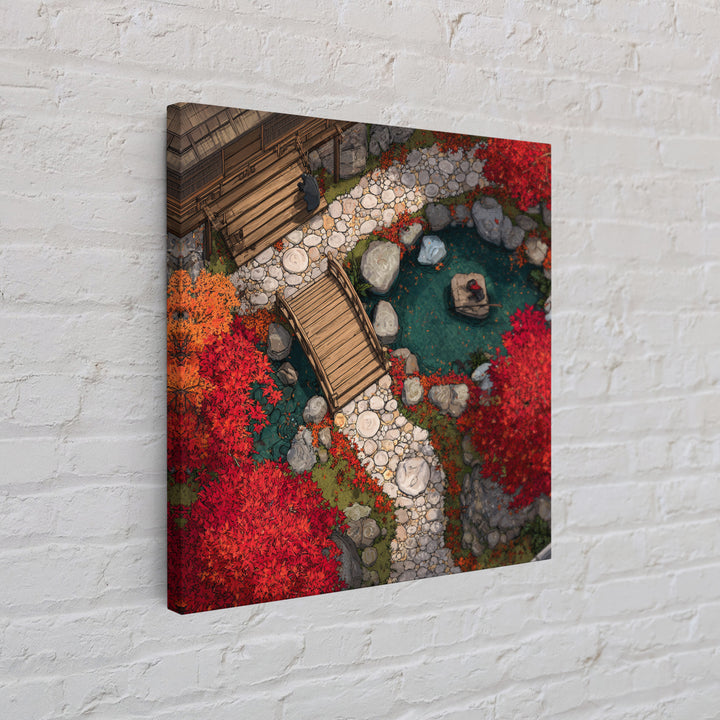 Autumn Japanese Garden Bridge Aerial Landscape Wall Art, Red Maple Trees Zen Pathway Canvas Print