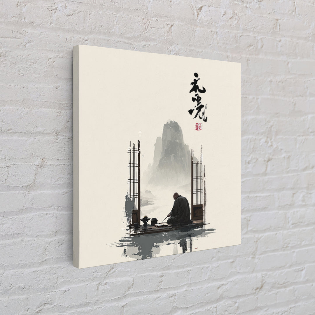 Zen Monk By Mountain Lake Wall Art, Minimalist Japanese Landscape Canvas Print, Calming Neutral Home Decor