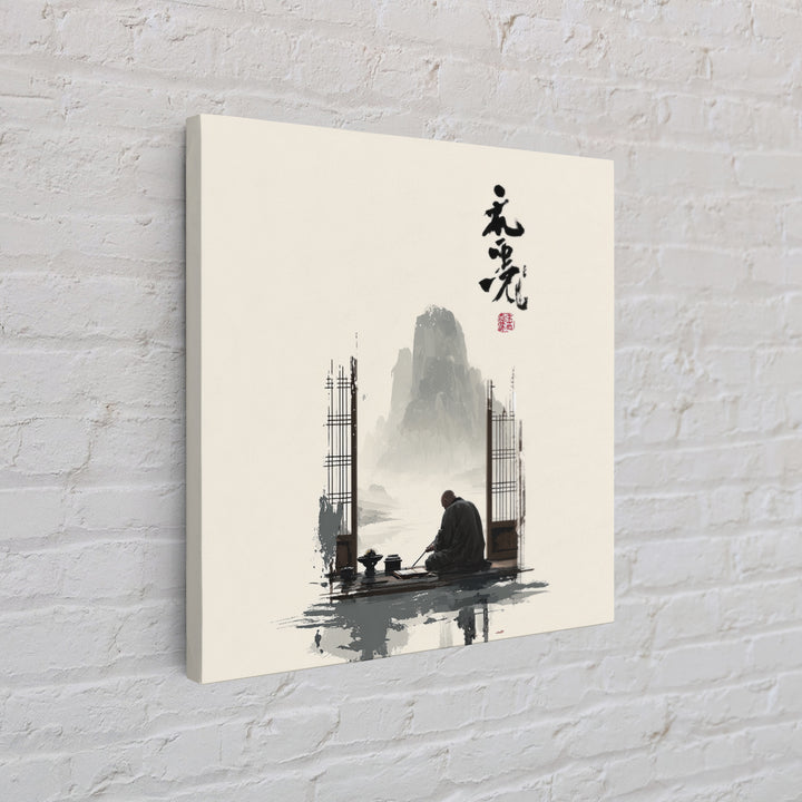 Zen Monk By Mountain Lake Wall Art, Minimalist Japanese Landscape Canvas Print, Calming Neutral Home Decor