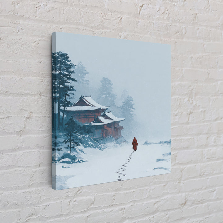 Solitary Monk Walking To Temple In Snow Wall Art, Minimalist Japanese Landscape Print, Tranquil Zen Home Decor