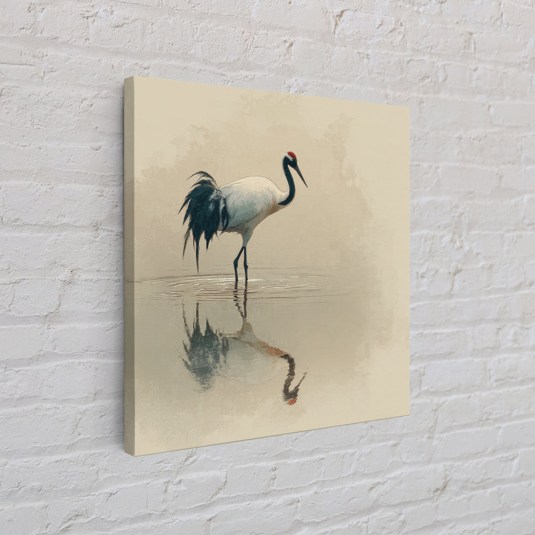 Elegant Red Crowned Crane Wall Art Print, Minimalist Japanese Bird Painting, Neutral Nature Canvas Print For Japandi Style Living Room Decor