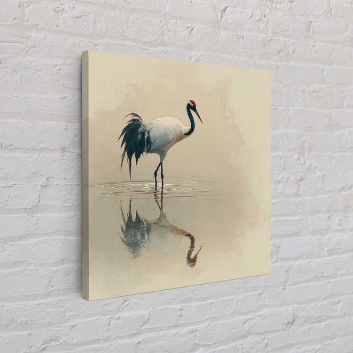 Elegant Red Crowned Crane Wall Art Print, Minimalist Japanese Bird Painting, Neutral Nature Canvas Print For Japandi Style Living Room Decor