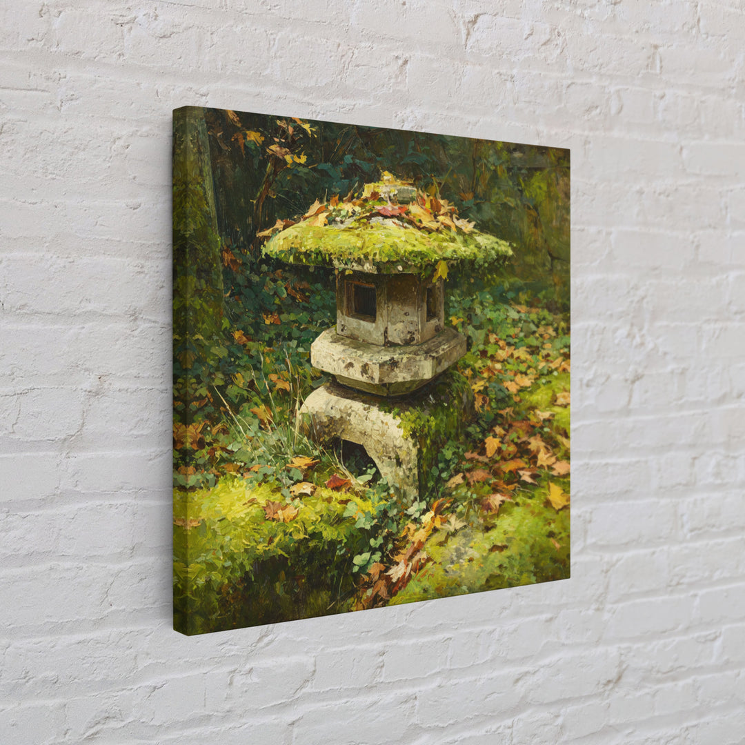 Japanese Garden Lantern Wall Art, Mossy Stone Sculpture Print, Tranquil Nature Decor, Wabi Sabi Garden Wall Art