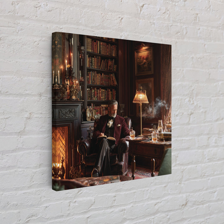 Elegant Gentleman Reading By Fireplace Framed Canvas Print, Dark Academia Library Wall Art, Old World Office Decor Gift For Him