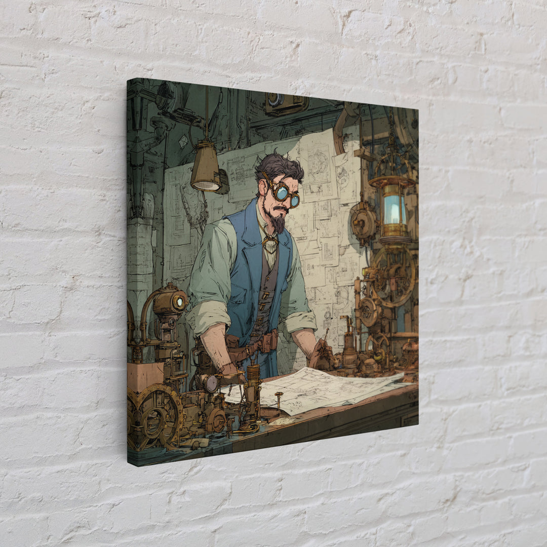 Steampunk Inventor Drafting Blueprints Canvas Print, Industrial Office Wall Art, Mechanical Workshop Decor, Gift For Him