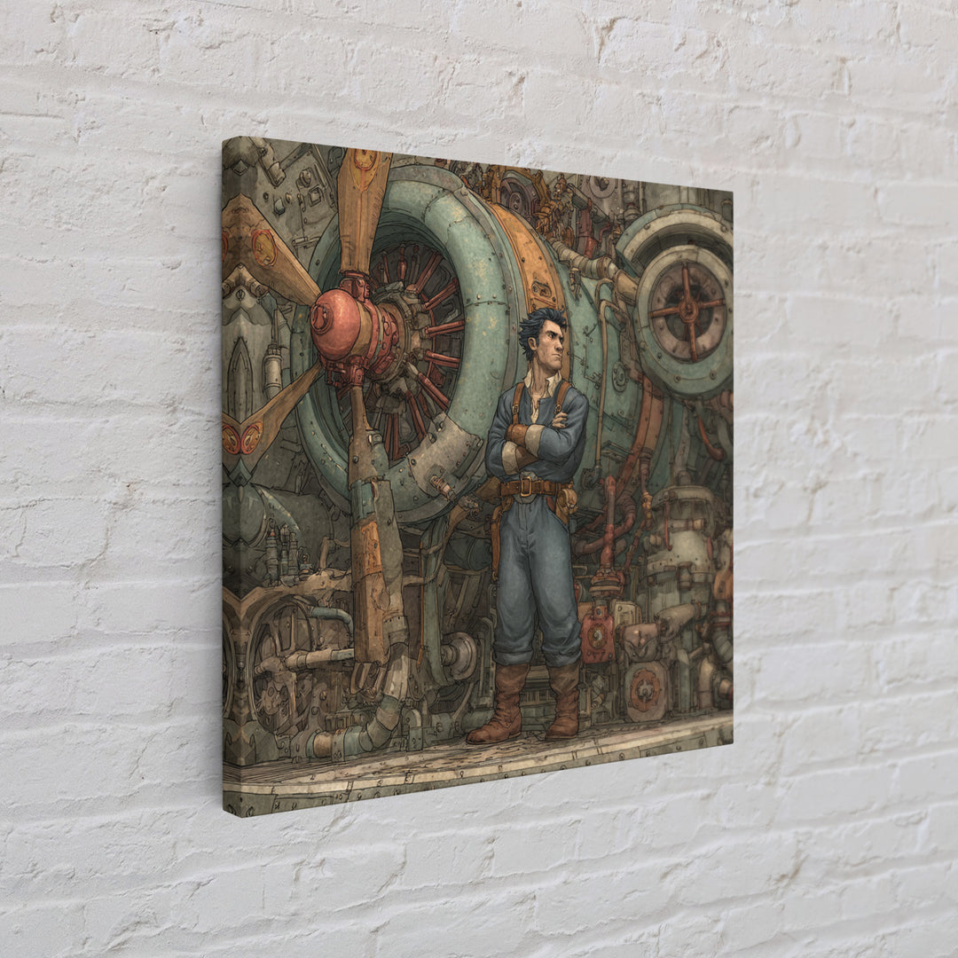 Steampunk Airship Mechanic By Giant Engine Framed Canvas Print, Industrial Sci Fi Wall Art, Mechanical Man Cave Decor Gift