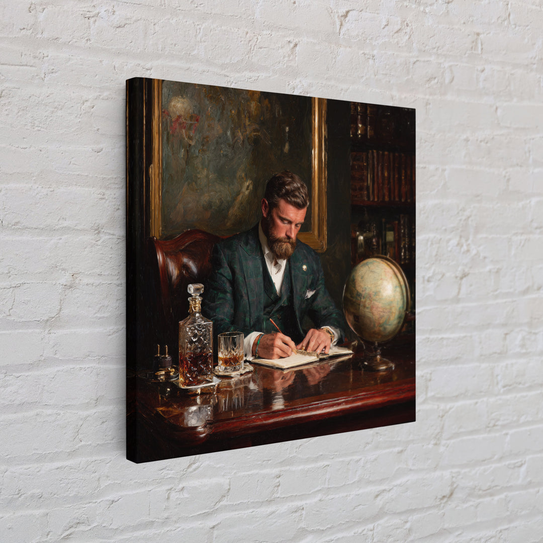 Bearded Gentleman Journaling In Moody Library Framed Canvas Print, Dark Academia Wall Art, Office Decor, Gift For Him, Masculine Decor