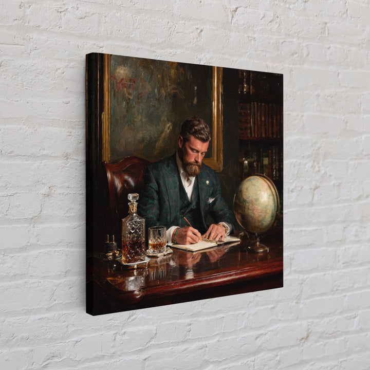 Bearded Gentleman Journaling In Moody Library Framed Canvas Print, Dark Academia Wall Art, Office Decor, Gift For Him, Masculine Decor
