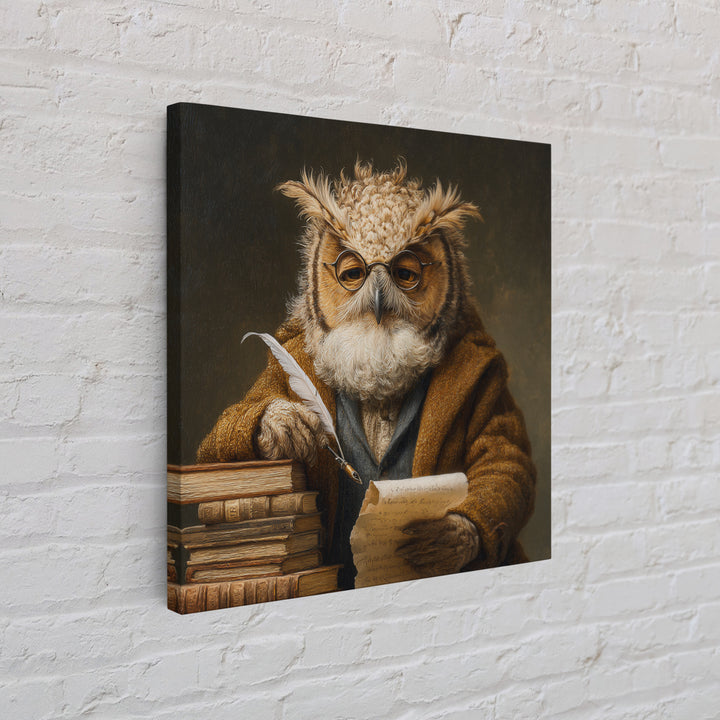 Whimsical Owl Scholar With Quill And Books Wall Art, Animal Portrait Canvas, Dark Academia Decor, Library Gift, Book Lover Gift