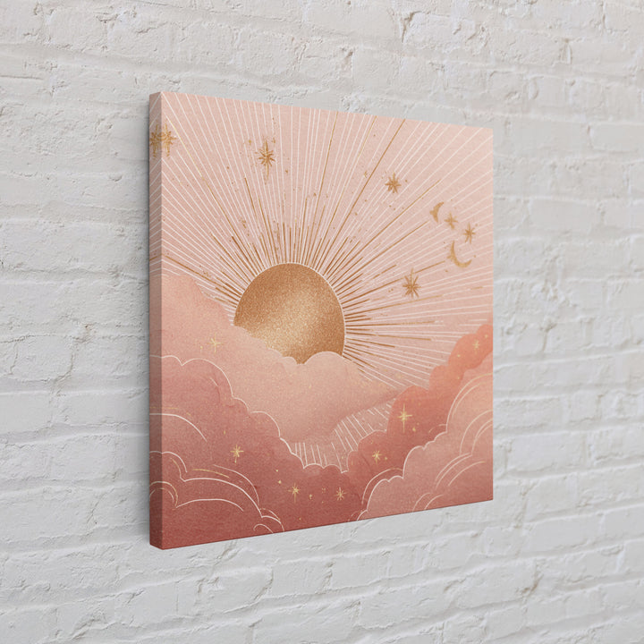 Boho Golden Sun Over Pink Clouds Wall Art, Celestial Sun And Moon Print, Warm Neutral Nursery Decor, Above Bed Decor Gift