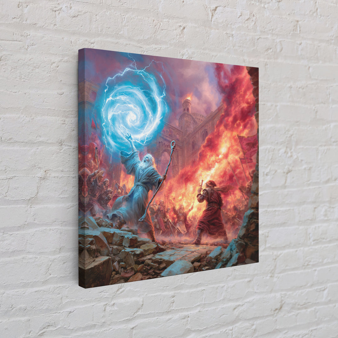 Epic Wizard Battle Canvas Print, Fantasy Wall Art With Fire Magic Portal, Dungeons And Dragons Decor, Gamer Room Gift, Epic Art