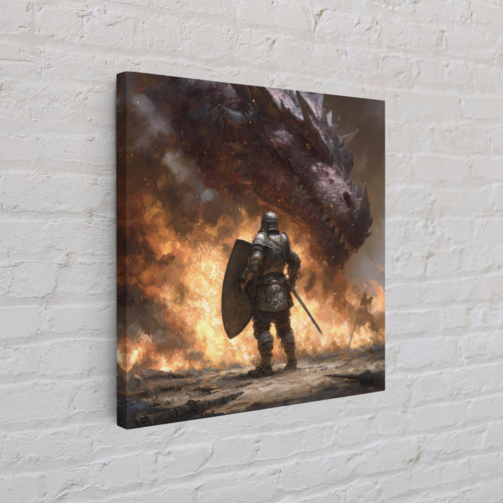 Armored Knight Facing Dragon Framed Canvas Print, Dark Fantasy Wall Art, Medieval Fire Battle Decor, Gamer Gift For Him, Dragon Art