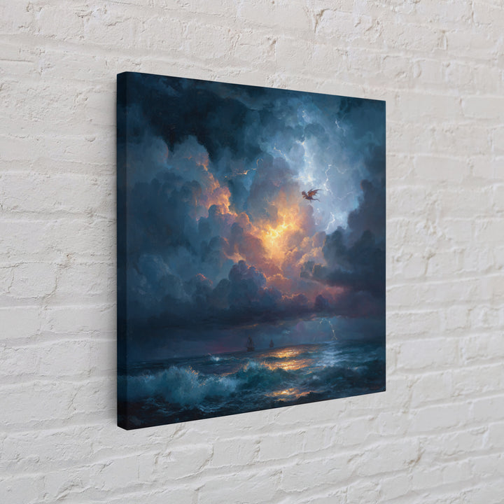 Stormy Ocean Dragon Seascape Canvas Print, Moody Coastal Wall Art, Dark Fantasy Landscape, Nautical Decor Gift For Him, Storm Art