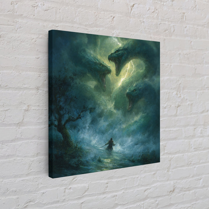 Three Headed Sea Serpent Storm Wall Art, Dark Fantasy Canvas Print, Mythical Creature Decor, Dragon Art Gift For Him, Epic Battle