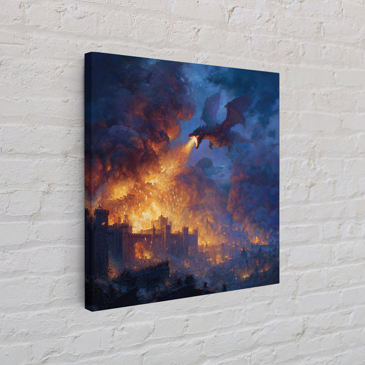Fire Breathing Dragon Over Burning City Wall Art, Dark Fantasy Canvas Print, Medieval Castle Decor, Epic Gamer Gift For Him