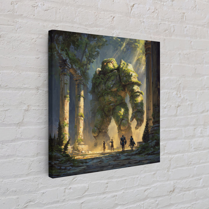 Moss Covered Forest Golem Ruins Wall Art, Fantasy Canvas Print, Whimsical Adventure Decor, Magical Woodland Artwork For Game Room
