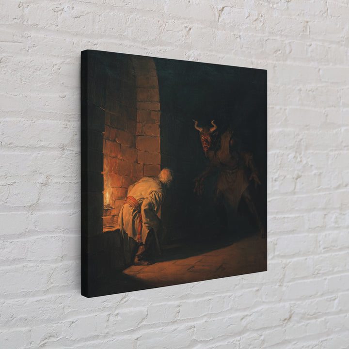 Candlelit Dungeon Demon Encounter Wall Art, Dark Fantasy Canvas Print, Gothic Horror Decor, Medieval Monster Artwork For Study