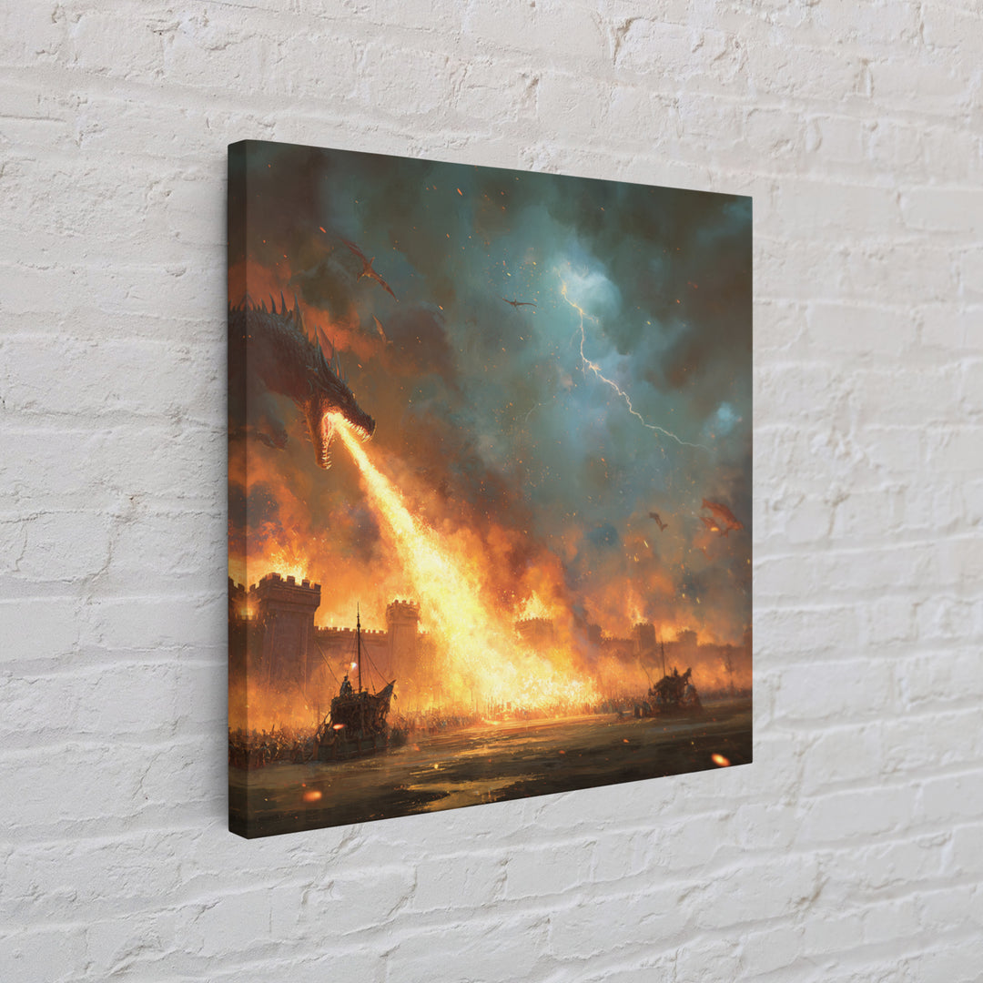 Fire Breathing Dragon Siege Wall Art, Epic Fantasy Canvas Print, Medieval Castle Battle Decor, Dramatic Game Room Artwork