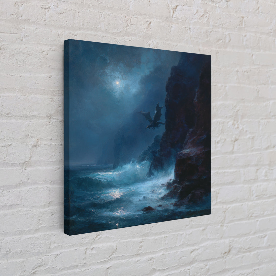Moonlit Dragon Over Stormy Sea Cliffs Wall Art, Fantasy Seascape Canvas Print, Moody Coastal Decor, Gothic Ocean Artwork