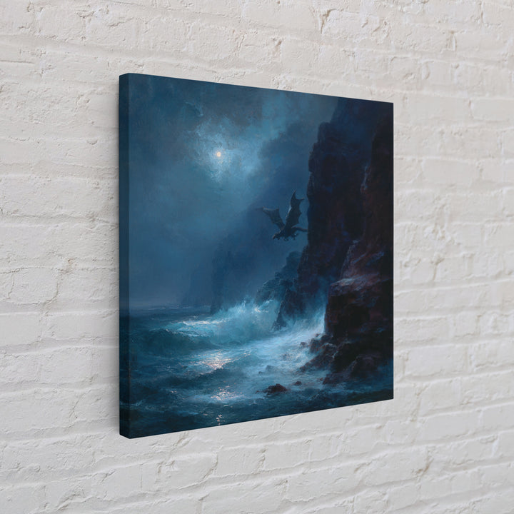 Moonlit Dragon Over Stormy Sea Cliffs Wall Art, Fantasy Seascape Canvas Print, Moody Coastal Decor, Gothic Ocean Artwork