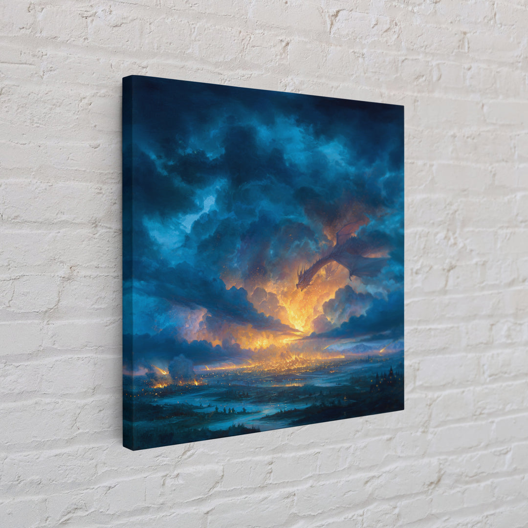 Storm Cloud Dragon Above Glowing Kingdom Wall Art, Fantasy Landscape Canvas Print, Dramatic Sky Decor, Epic Castle Artwork