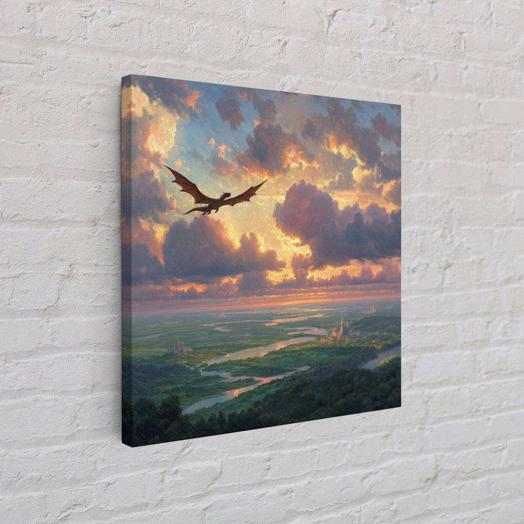 Soaring Dragon Sunset Valley Wall Art, Fantasy Landscape Canvas Print, Castle Kingdom Decor, Dreamy Adventure Artwork For Living Room