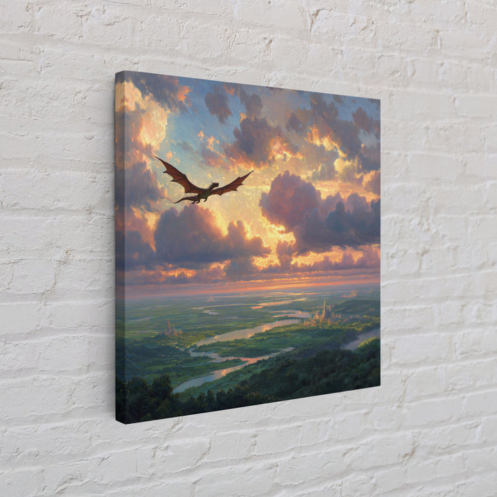 Soaring Dragon Sunset Valley Wall Art, Fantasy Landscape Canvas Print, Castle Kingdom Decor, Dreamy Adventure Artwork For Living Room