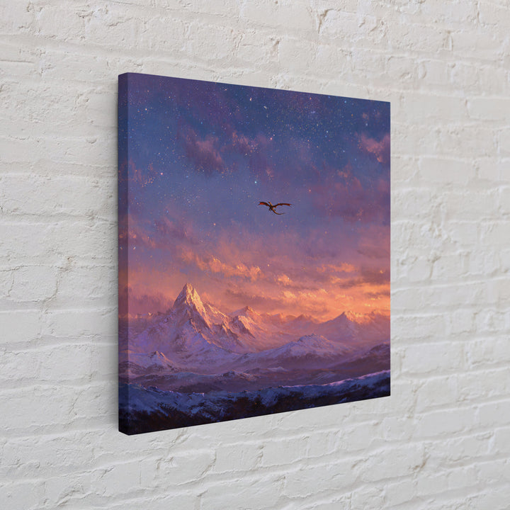 Starry Mountain Dragon Flight Wall Art, Fantasy Canvas Print, Snowy Alpine Landscape Decor, Celestial Adventure Artwork For Bedroom