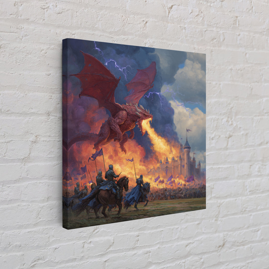 Red Dragon Castle Siege Wall Art, Epic Fantasy Framed Canvas Print, Medieval Battle Decor, Knight Adventure Game Room Artwork