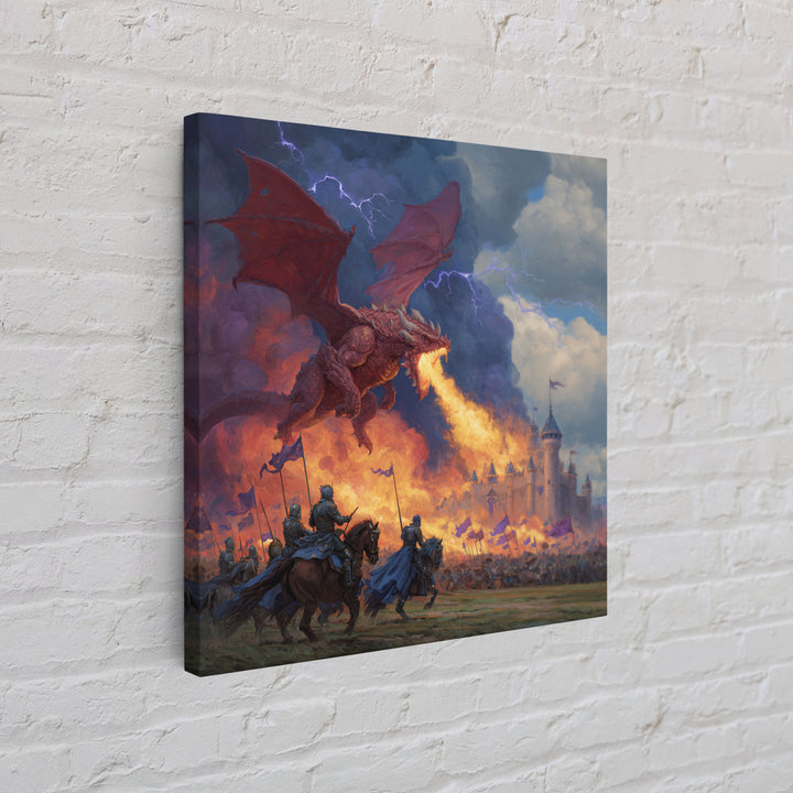 Red Dragon Castle Siege Wall Art, Epic Fantasy Framed Canvas Print, Medieval Battle Decor, Knight Adventure Game Room Artwork