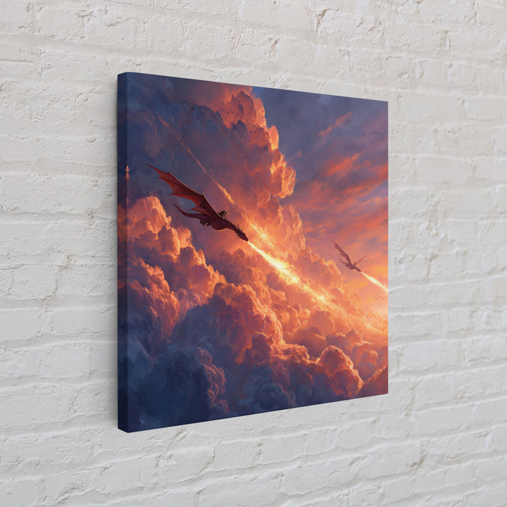 Dragons Blazing Through Sunset Clouds Wall Art, Fantasy Canvas Print, Fiery Sky Decor, Epic Mythical Adventure Artwork For Office