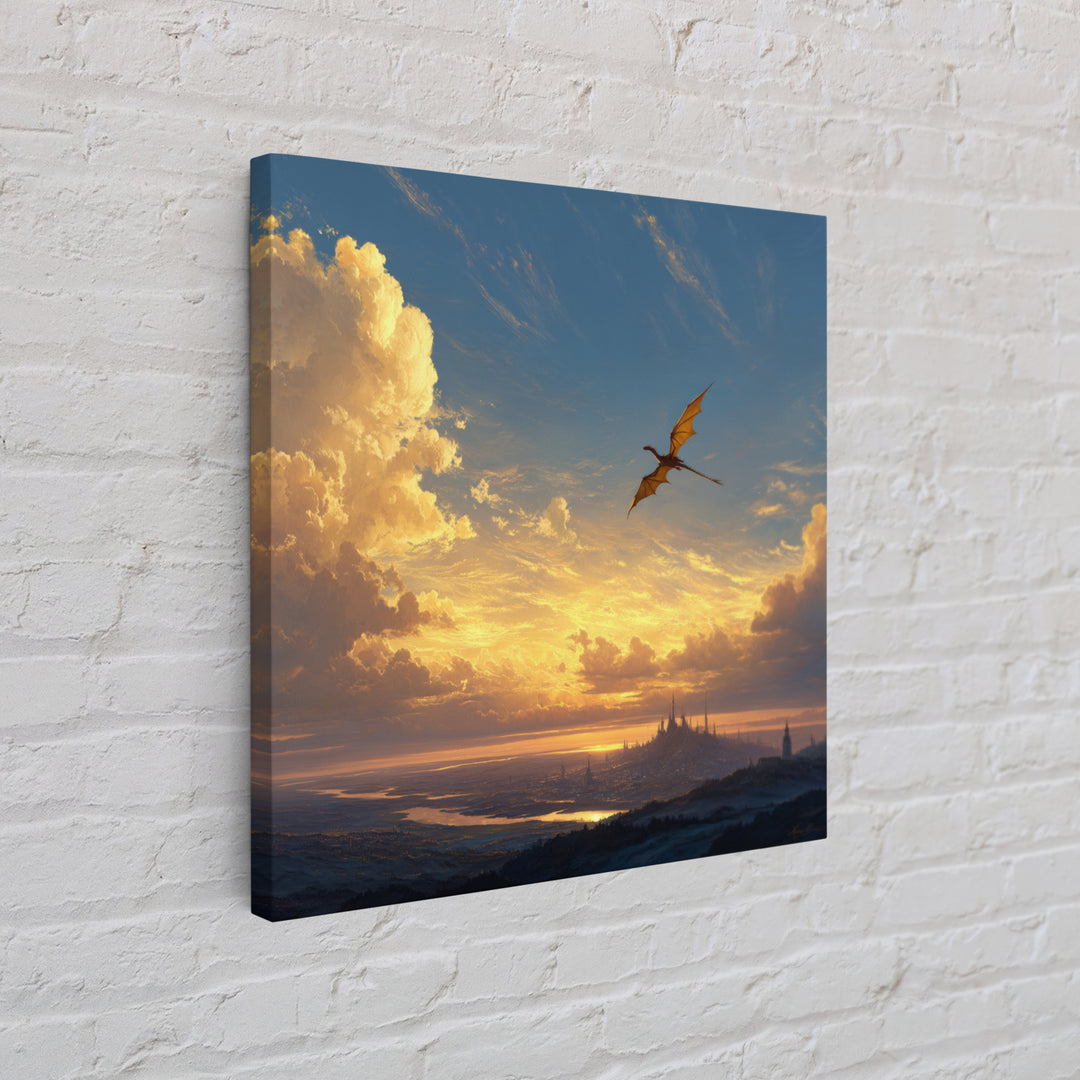 Lone Dragon Over Golden Horizon Wall Art, Fantasy Landscape Canvas Print, Sunset Castle Decor, Serene Coastal Artwork For Living Room