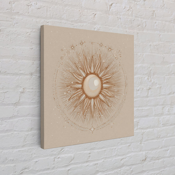 Celestial Sunburst Moon Line Art Framed Canvas Print, Neutral Boho Wall Art, Mystical Minimalist Bedroom Decor, Above Bed Decor