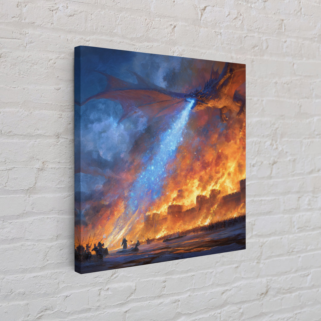 Blue Fire Dragon Siege Wall Art, Epic Fantasy Canvas Print, Medieval Castle Battle Decor, Large Gamer Room Wall Decor Gift For Him
