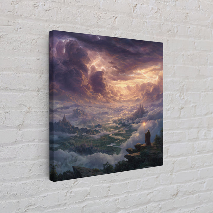 Storm Wizard Over Cloud Kingdom Wall Art, Epic Fantasy Landscape Canvas Print, Dark Academia Office Decor, Large Gift For Him