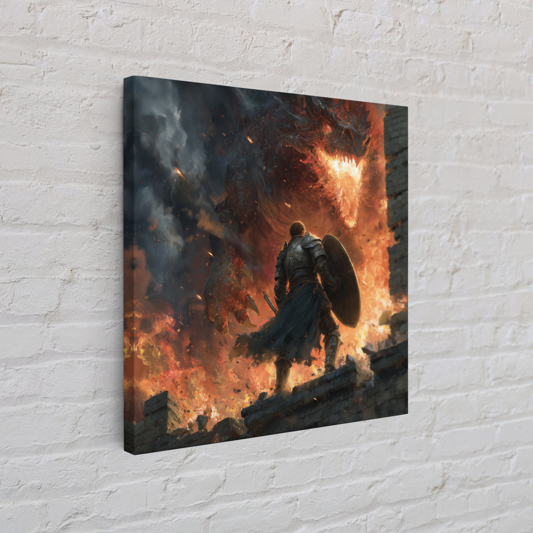 Knight Facing Fire Dragon Wall Art, Dark Fantasy Canvas Print, Medieval Battle Decor, Large Gothic Gamer Room Gift For Him