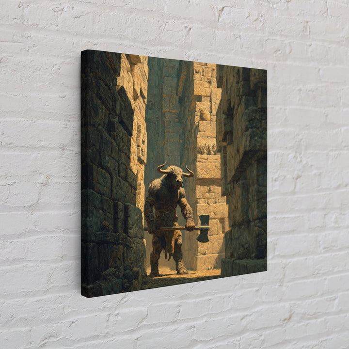 Minotaur In Ancient Stone Alley Wall Art, Mythological Fantasy Canvas Print, Rustic Medieval Decor, Man Cave Gift For Him