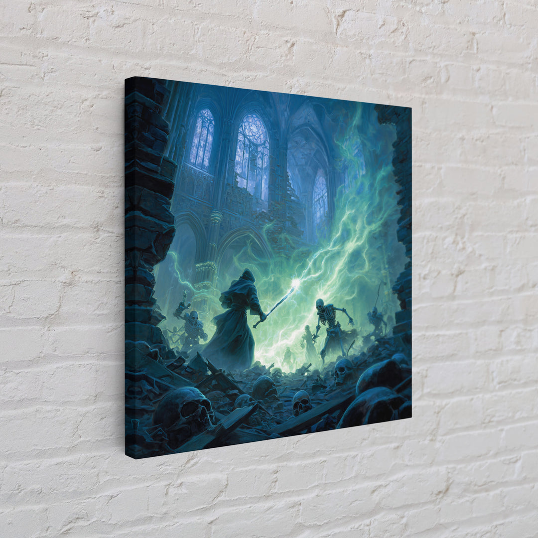 Wizard Versus Skeleton Army Wall Art, Gothic Fantasy Canvas Print, Dark Cathedral Magic Decor, Spooky Halloween Gift For Him