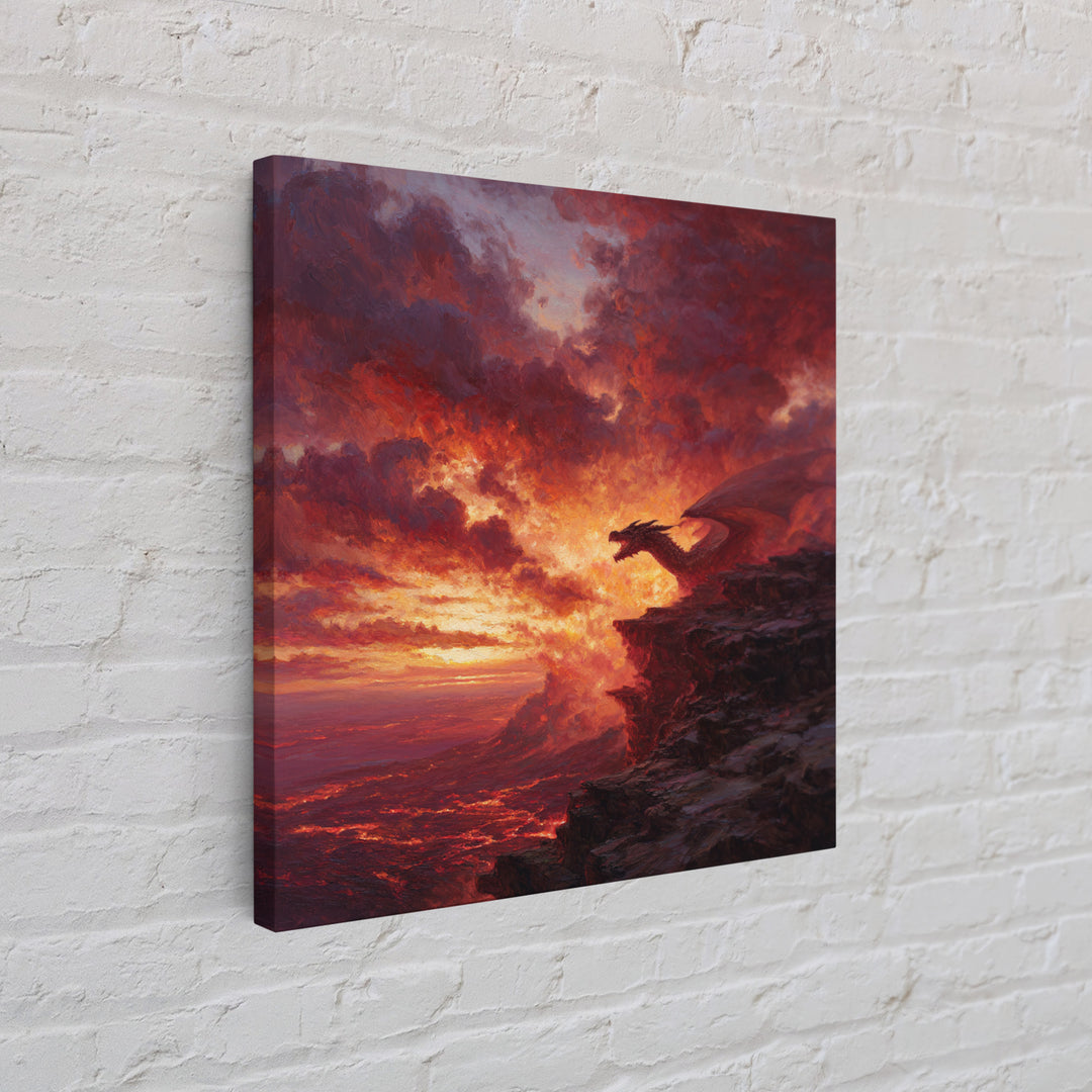 Red Dragon At Volcanic Sunset Wall Art, Dark Fantasy Canvas Print, Lava Landscape Decor, Large Moody Gamer Room Gift For Him