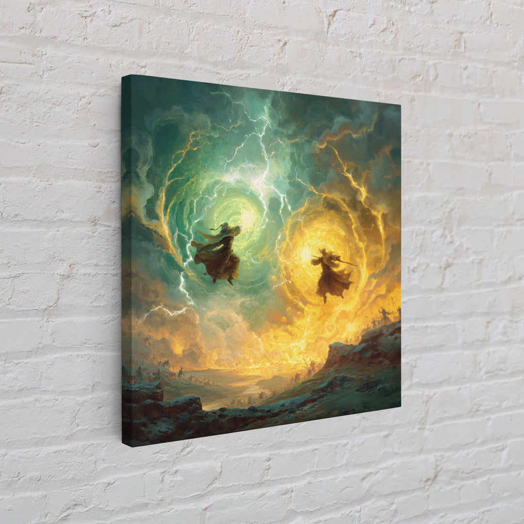 Dueling Mages With Lightning Portals Wall Art, Epic Fantasy Canvas Print, Magical Landscape Decor, Large Gamer Room Gift For Him