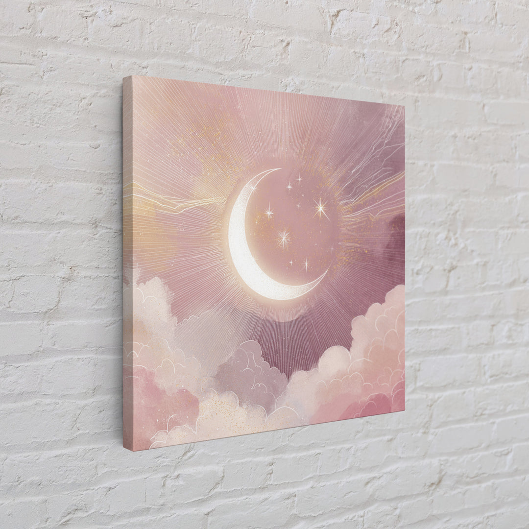 Crescent Moon In Pink Clouds With Stars Wall Art, Celestial Nursery Decor, Mystical Pastel Bedroom Print, Boho Moon Gift