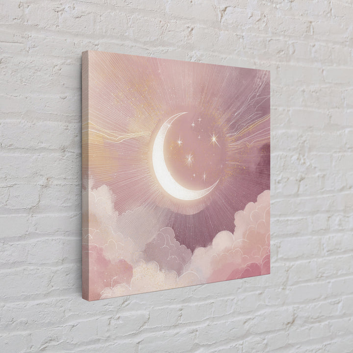 Crescent Moon In Pink Clouds With Stars Wall Art, Celestial Nursery Decor, Mystical Pastel Bedroom Print, Boho Moon Gift