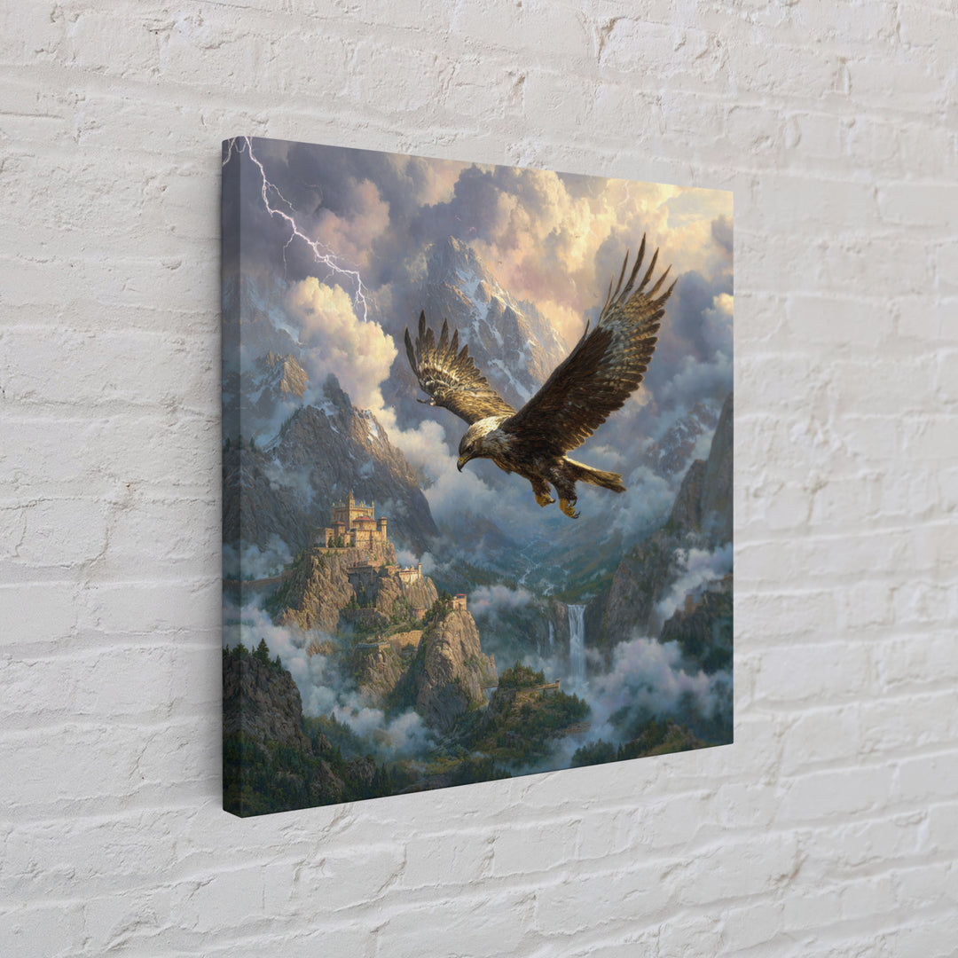 Soaring Eagle Over Stormy Mountain Castle Wall Art, Fantasy Landscape Canvas, Dramatic Wildlife Decor, Epic Gift For Him
